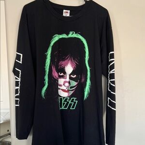 Kiss Black Long Sleeve Tee with Neon Green and Pink Face Print